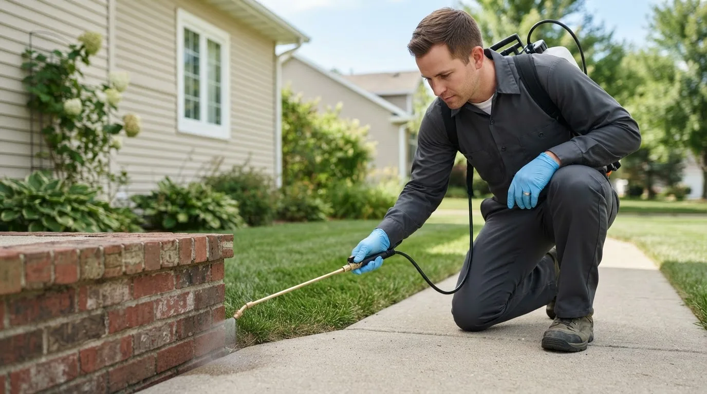 Pest control technician treating a home near Vergas, MN